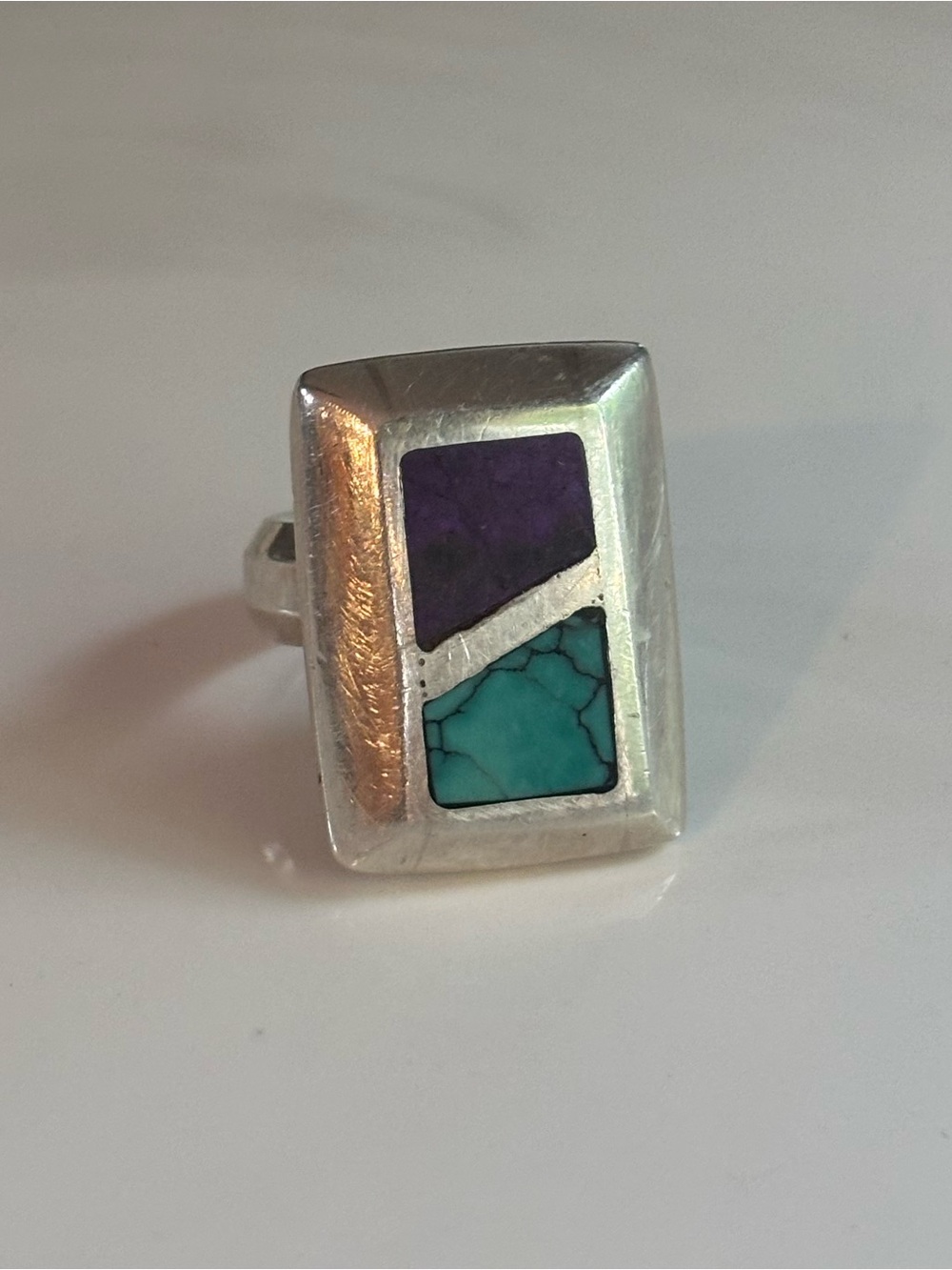 Zuni Sterling Silver Turquoise Purple Sugilite Inlay Rectangle Statement Ring 6 - Picture 5 of 12
